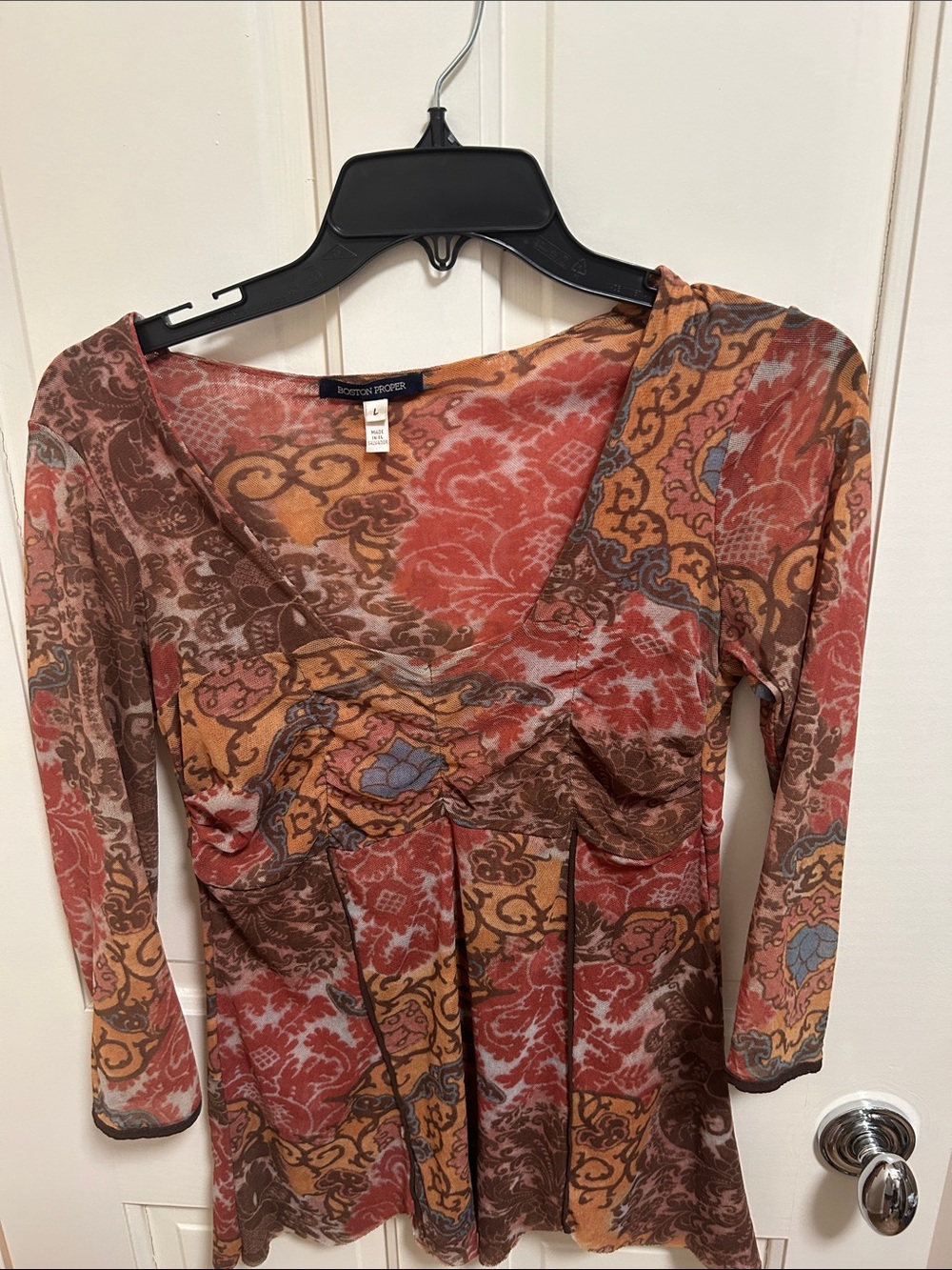 Boston Proper 2000s Multicolor Paisley V-Neck Long Sleeve Dress - Rust/Gold